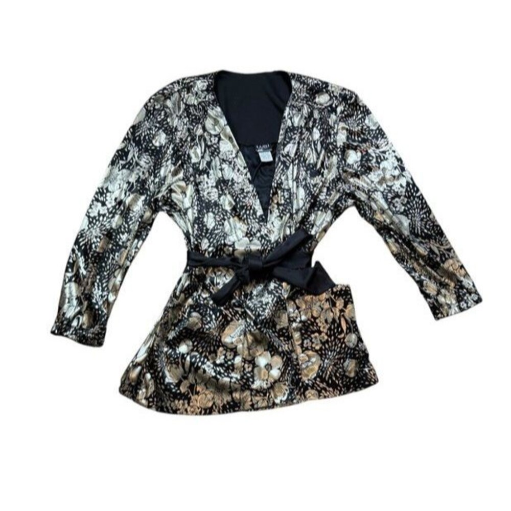 Vintage Womens Floral Robe Size Large 14 Romantic Black Kimono Made in USA Short